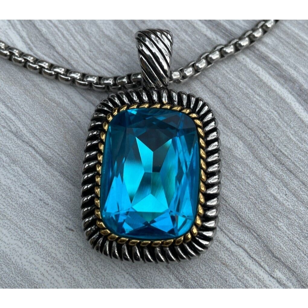 Pendant Women's Large 2" X 1 1/4" Silver & Gold Tone Sterling Steele Blue Glass
